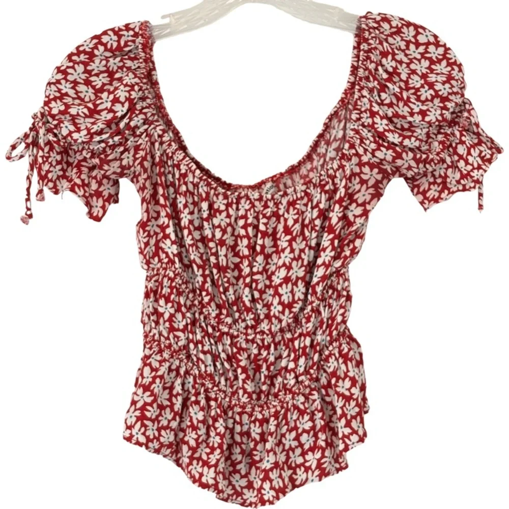 Reformation Red Floral Smocked Peplum Top